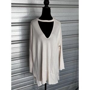 Miss Chievous Women's Small Ivory V-Neck Cutout Pullover Sweater Knit Tunic Top